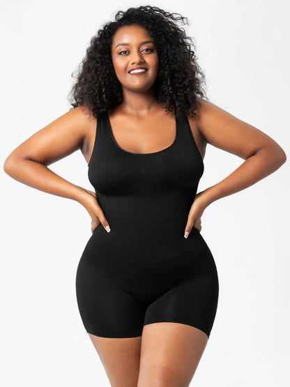 Plus-size scoop neck sculpting active romper with wide straps and compressive shaping fabric