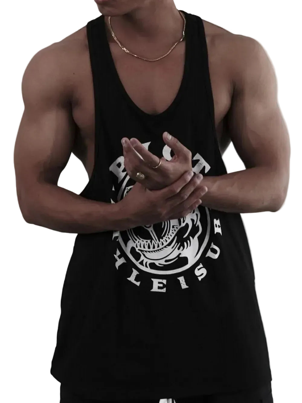 Men's wide-strap graphic muscle tank with Y-back cut for lifting and upper-body training