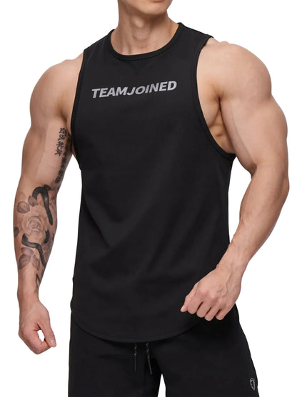 Men's performance active tank with muscle-flattering cut and chest lettering graphic for training